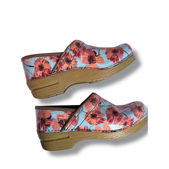 Dansko Floral Leather Clogs Women's Size 8 39 Blue Orange Flowers Shoes - Picture 10 of 14